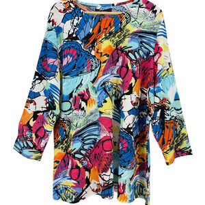 Calessa Crinkled Butterfly Print Tunic Shirt Size Large Art To Wear Textured